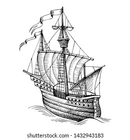 Old caravel, vintage sailboat. Hand drawn sketch. Detail of the old geographical maps of sea