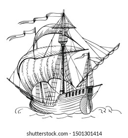 Old caravel, vintage sailboat. Hand drawn sketch vector. 