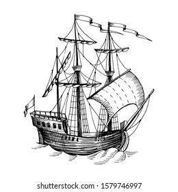 Old caravel, vintage sailboat. Hand drawn vector sketch. Detail of the old geographical maps of sea