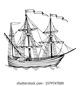 Old caravel, vintage sailboat. Hand drawn vector sketch. Detail of the old geographical maps of sea