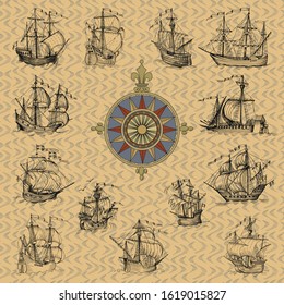 Old caravel, vintage sailboat. Hand drawn vector sketch. Detail of the old geographical maps of sea
