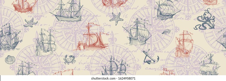 Old caravel, vintage sailboat. Hand drawn vector sketch. Detail of the old geographical maps of sea. Vector seamless pattern
