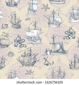 Old caravel, vintage sailboat. Hand drawn vector sketch. Detail of the old geographical maps of sea. Vector seamless pattern