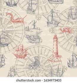 Old caravel, vintage sailboat. Hand drawn vector sketch. Detail of the old geographical maps of sea. Vector seamless pattern