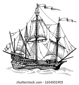 Old caravel, vintage sailboat. Hand drawn vector sketch. Detail of the old geographical maps of sea