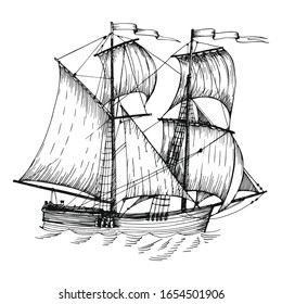 Old caravel, vintage sailboat. Hand drawn vector sketch. Detail of the old geographical maps of sea