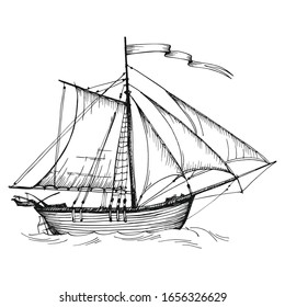 Old caravel, vintage sailboat. Hand drawn vector sketch. Detail of the old geographical maps of sea