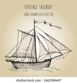 Old caravel, vintage sailboat. Hand drawn vector sketch. Detail of the old geographical maps of sea