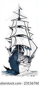 Old caravel, vintage sailboat. Hand drawn vector sketch. Detail of the old geographical maps of sea