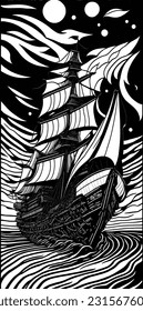 Old caravel, vintage sailboat. Hand drawn vector sketch. Detail of the old geographical maps of sea