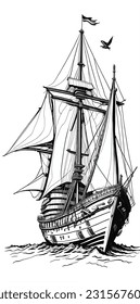 Old caravel, vintage sailboat. Hand drawn vector sketch. Detail of the old geographical maps of sea