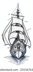 Old caravel, vintage sailboat. Hand drawn vector sketch. Detail of the old geographical maps of sea