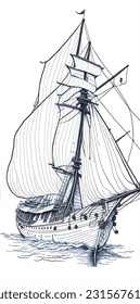 Old caravel, vintage sailboat. Hand drawn vector sketch. Detail of the old geographical maps of sea