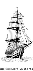 Old caravel, vintage sailboat. Hand drawn vector sketch. Detail of the old geographical maps of sea