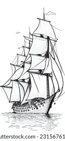 Old caravel, vintage sailboat. Hand drawn vector sketch. Detail of the old geographical maps of sea