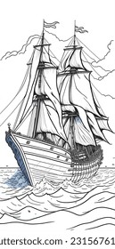 Old caravel, vintage sailboat. Hand drawn vector sketch. Detail of the old geographical maps of sea