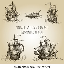 Old caravel, vintage sailboat. Hand drawn vector sketch. Detail of the old geographical maps of sea