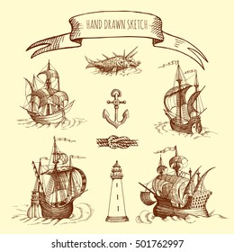 Old caravel, vintage sailboat. Hand drawn vector sketch. Detail of the old geographical maps of sea