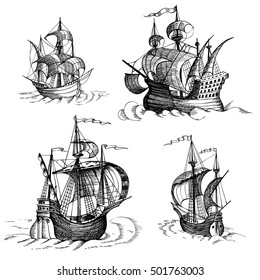 Old caravel, vintage sailboat. Hand drawn vector sketch. Detail of the old geographical maps of sea