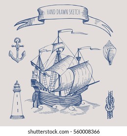 Old caravel, vintage sailboat. Hand drawn vector sketch. Detail of the old geographical maps of sea