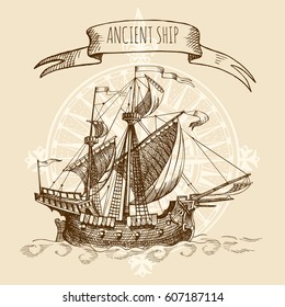 Old caravel, vintage sailboat. Hand drawn vector sketch. Detail of the old geographical maps of sea