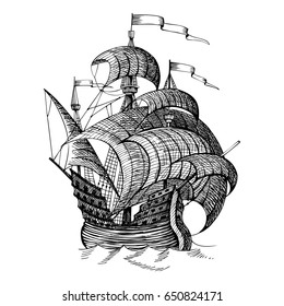 Old caravel, vintage sailboat. Hand drawn vector sketch. Detail of the old geographical maps of sea
