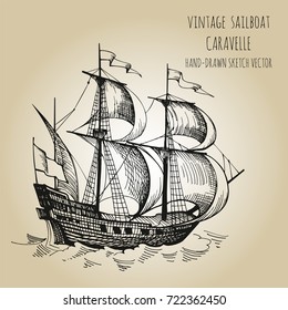 Old caravel, vintage sailboat. Hand drawn vector sketch. Detail of the old geographical maps of sea