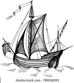 Old caravel, vintage sailboat. Hand drawn vector sketch. Detail of the old geographical maps of sea