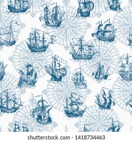 Old caravel, vintage sailboat. Monochrome Hand drawn sketch. Vector seamless pattern for boy. Detail of the old geographical maps of sea.