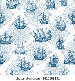 Old caravel, vintage sailboat. Monochrome Hand drawn sketch. Vector seamless pattern for boy. Detail of the old geographical maps of sea.