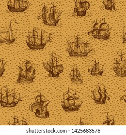 Old caravel, vintage sailboat. Monochrome Hand drawn sketch. Vector seamless pattern for boy. Detail of the old geographical maps of sea.