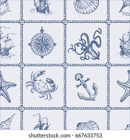 Old caravel, vintage sailboat, octopus, anchor, starfish, seashells, animals. Seamless vector pattern on sea theme. Can be used for textiles, wrapping paper, interior decoration. Hand drawn sketch.