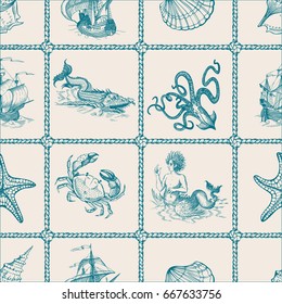 Old caravel, vintage sailboat, octopus, anchor, starfish, seashells, animals. Seamless vector pattern on sea theme. Can be used for textiles, wrapping paper, interior decoration. Hand drawn sketch.