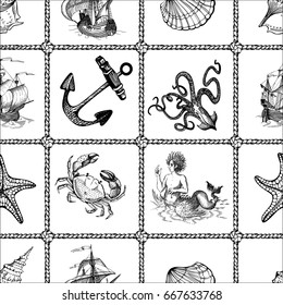 Old caravel, vintage sailboat, octopus, anchor, starfish, seashells, animals. Seamless vector pattern on sea theme. Can be used for textiles, wrapping paper, interior decoration. Hand drawn sketch.