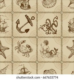 Old caravel, vintage sailboat, octopus, anchor, starfish, seashells, animals. Seamless vector pattern on sea theme. Can be used for textiles, wrapping paper, interior decoration. Hand drawn sketch.