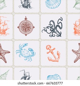 Old caravel, vintage sailboat, octopus, anchor, starfish, seashells, animals. Seamless vector pattern on sea theme. Can be used for textiles, wrapping paper, interior decoration. Hand drawn sketch.