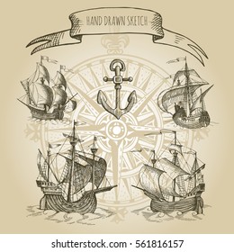 Old caravel, vintage sailboat.  Rose of Wind. Hand drawn vector sketch.  Ancient geographical maps 