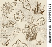 Old caravel, vintage sailboat, sea monster. Monochrome Hand drawn sketch. Vector seamless pattern for boy. Detail of the old geographical maps of sea.