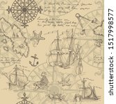 Old caravel, vintage sailboat, sea monster. Hand drawn sketch. Seamless pattern for boy. Detail of the old geographical maps of sea.  