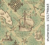 Old caravel, vintage sailboat, sea monster. Hand drawn sketch. Vector seamless pattern for boy. Detail of the old geographical maps of sea.