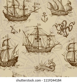 Old caravel, vintage sailboat, sea monster. Monochrome Hand drawn sketch. Vector seamless pattern for boy. Detail of the old geographical maps of sea.