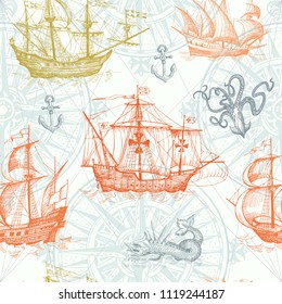 Old caravel, vintage sailboat, sea monster. Monochrome Hand drawn sketch. Vector seamless pattern for boy. Detail of the old geographical maps of sea.