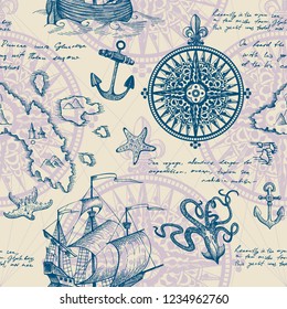 Old caravel, vintage sailboat, sea monster. Monochrome Hand drawn sketch. Vector seamless pattern for boy. Detail of the old geographical maps of sea.