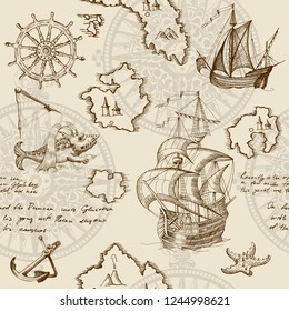 Vieja caravel, velero vintage, monstruo marino. Dibujo dibujado a mano monocromo. Vector sin fisuras para el niño. Detalle de los antiguos mapas geográficos del mar.