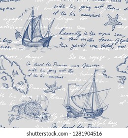 Old caravel, vintage sailboat, sea monster. Monochrome Hand drawn sketch. Vector seamless pattern for boy. Detail of the old geographical maps of sea.