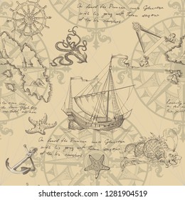 Old caravel, vintage sailboat, sea monster. Monochrome Hand drawn sketch. Vector seamless pattern for boy. Detail of the old geographical maps of sea.