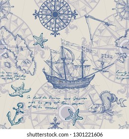 Old caravel, vintage sailboat, sea monster. Monochrome Hand drawn sketch. Vector seamless pattern for boy. Detail of the old geographical maps of sea.