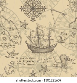 Old caravel, vintage sailboat, sea monster. Monochrome Hand drawn sketch. Vector seamless pattern for boy. Detail of the old geographical maps of sea.