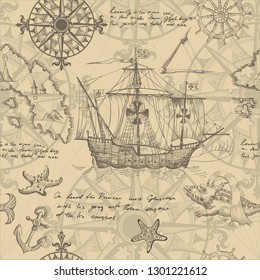 Old caravel, vintage sailboat, sea monster. Monochrome Hand drawn sketch. Vector seamless pattern for boy. Detail of the old geographical maps of sea.