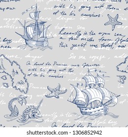 Old caravel, vintage sailboat, sea monster. Monochrome Hand drawn sketch. Vector seamless pattern for boy. Detail of the old geographical maps of sea.
